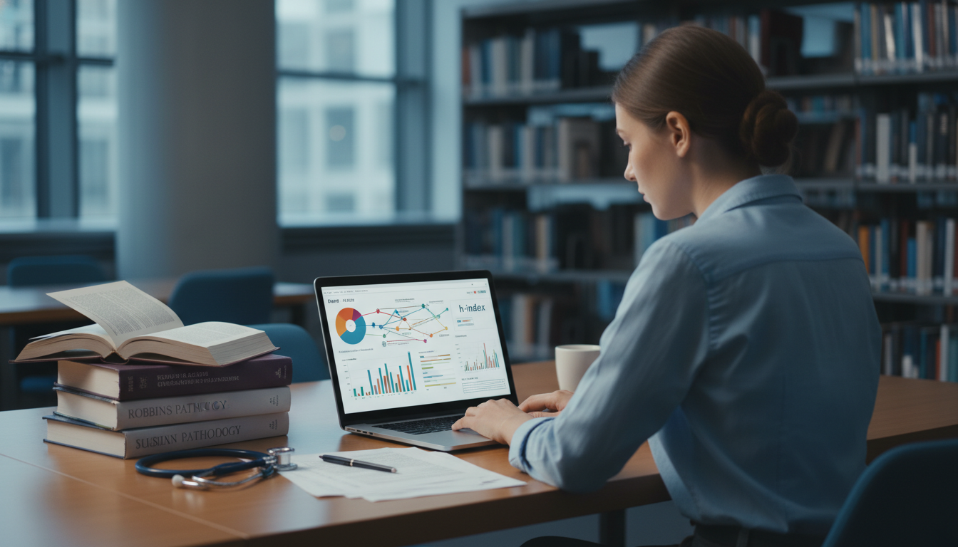 Medical student analyzing bibliometric data on laptop -  for Bibliometric Basics: Interpreting h‑Index and Impact for Student