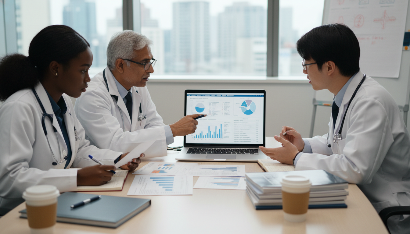 Medical students and mentor reviewing research metrics -  for Bibliometric Basics: Interpreting h‑Index and Impact for Studen