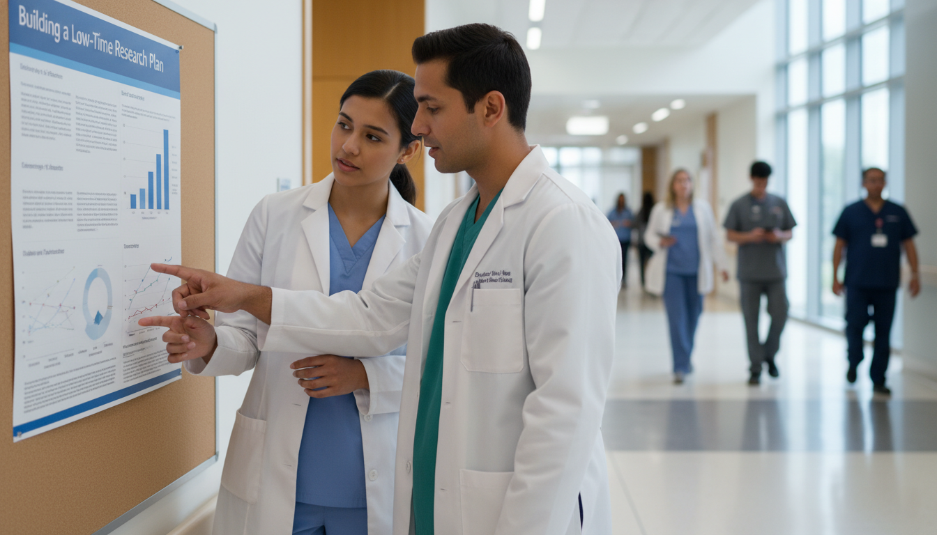 Medical student and resident discussing a clinical research poster Medical student and resident discussing a clinical research poster - for Busy Schedule, Real Output: Building a Low‑Time Res