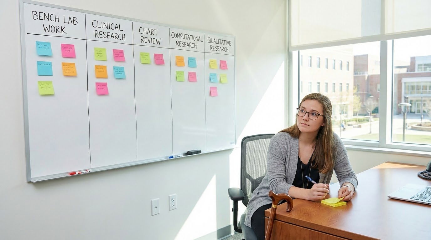 Different types of medical research roles on a whiteboard Different types of medical research roles on a whiteboard - for Chronic Illness and Fatigue: Choosing Sustainable Research R