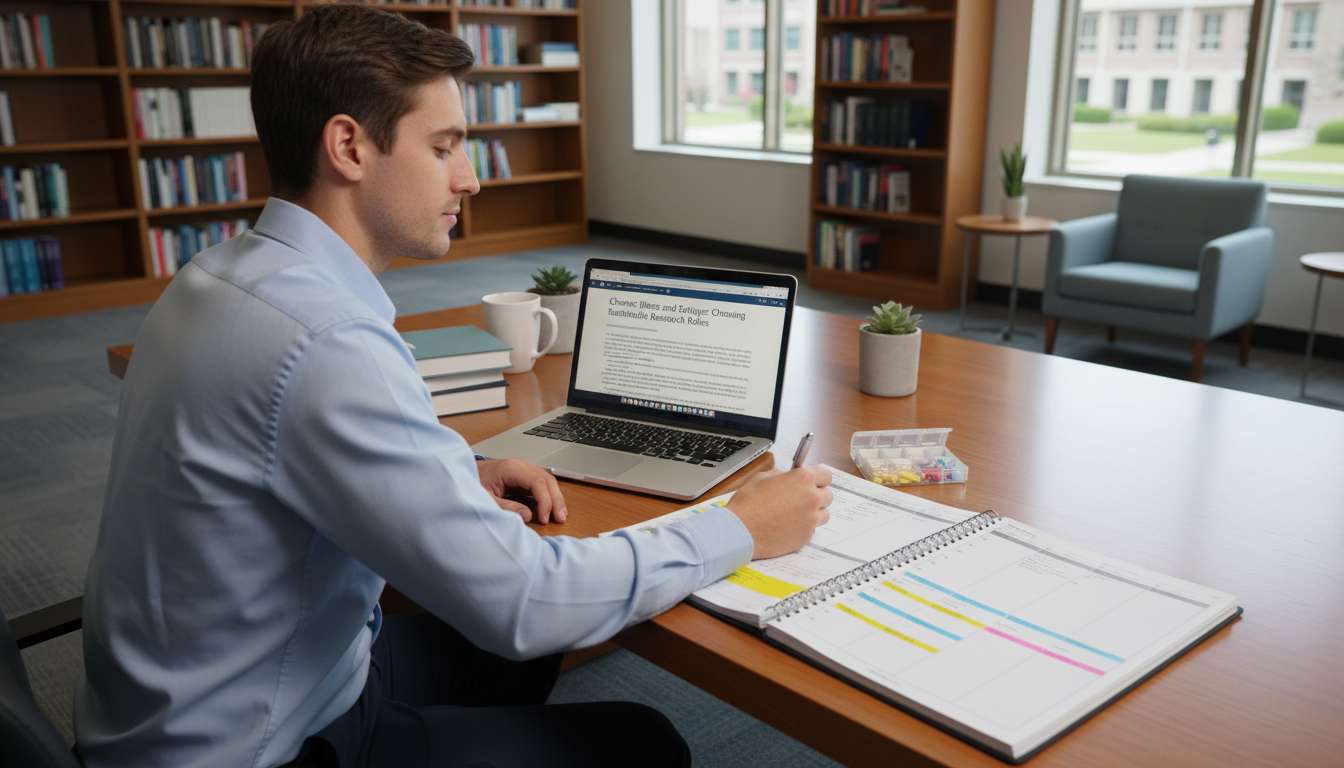 Medical student with chronic illness using planner to organize research tasks Medical student with chronic illness using planner to organize research tasks - for Chronic Illness and Fatigue: Choosing Su