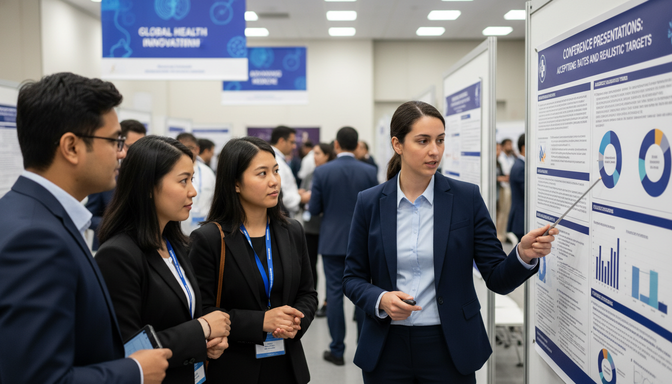 Medical student presenting a research poster at a national conference Medical student presenting a research poster at a national conference - for Conference Presentations: Acceptance Rates and R