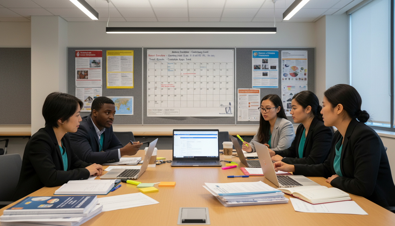 Medical students planning for a research conference Medical students planning for a research conference - for Conference Season Planning: Deadlines, Abstracts, and Travel Prep
