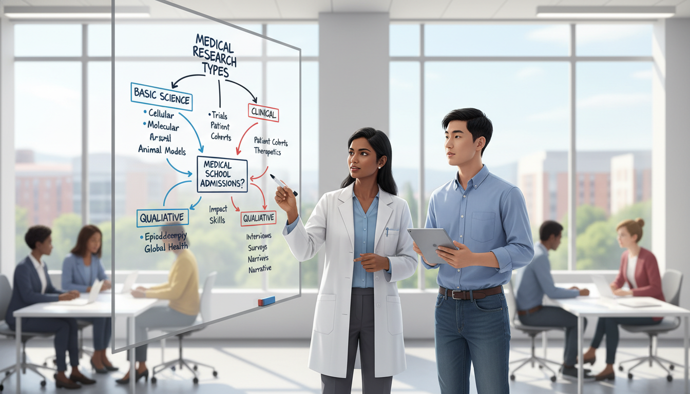 Different types of medical student research visualized on a whiteboard Different types of medical student research visualized on a whiteboard - for Does the Type of Research Matter for Medical Sc