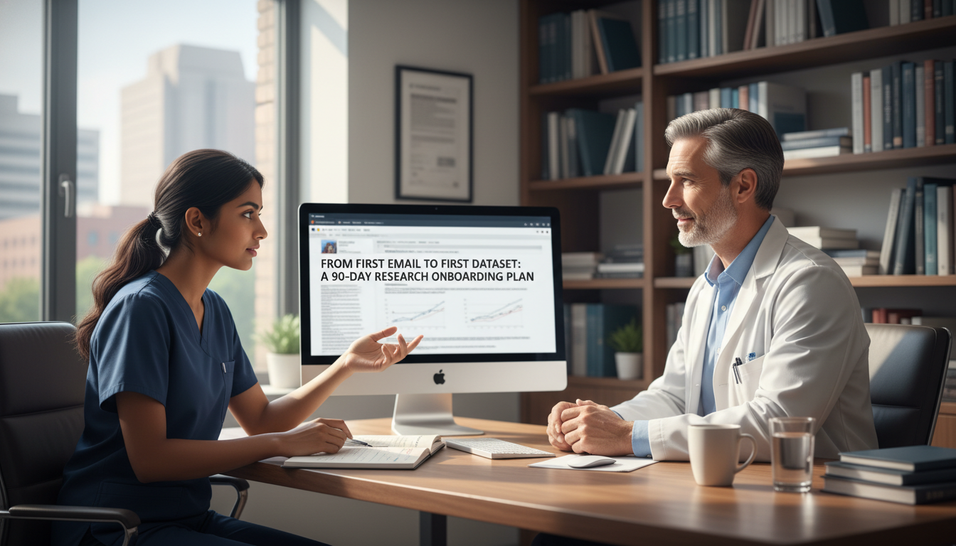 Medical student meeting with research mentor in an office -  for From First Email to First Dataset: A 90‑Day Research Onboard