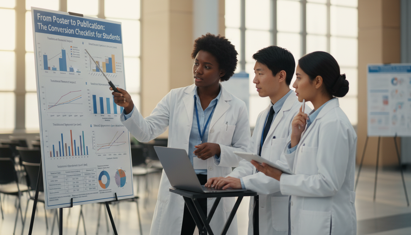 Medical students discussing a research poster and planning manuscript conversion -  for From Poster to Publication: The Conve