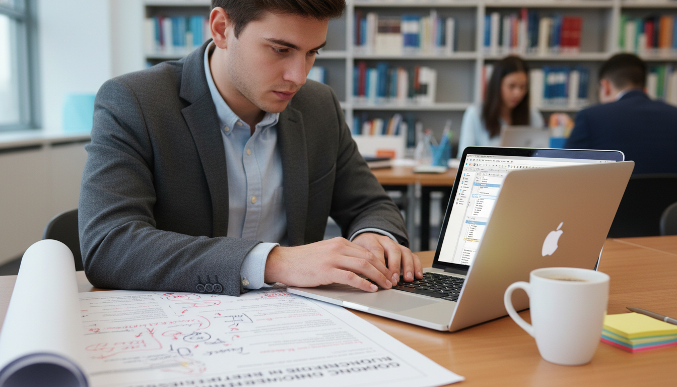 Medical student editing a research manuscript on laptop with printed poster nearby -  for From Poster to Publication: The Con