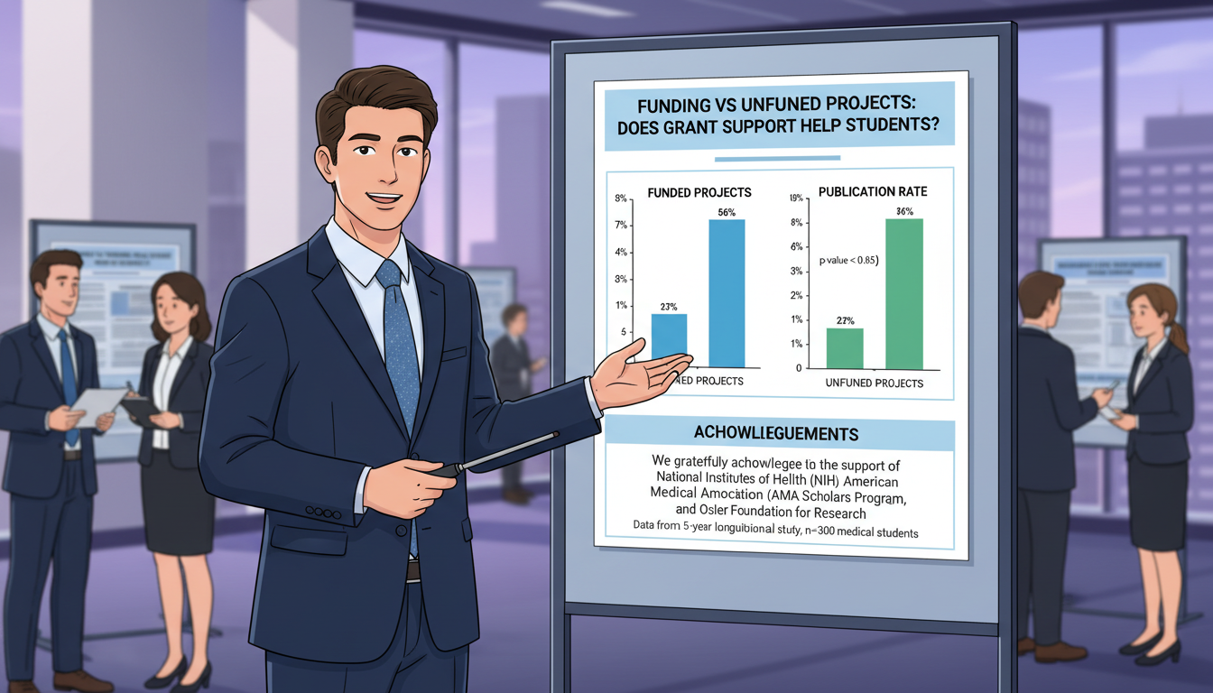 Student presenting research poster funded by a medical grant -  for Funding vs Unfunded Projects: Does Grant Support Help Stu