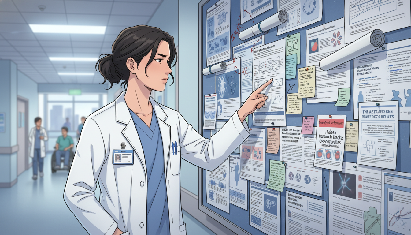 Student noticing subtle research clues on a hallway bulletin board -  for Hidden Research Tracks: Opportunities Faculty Never