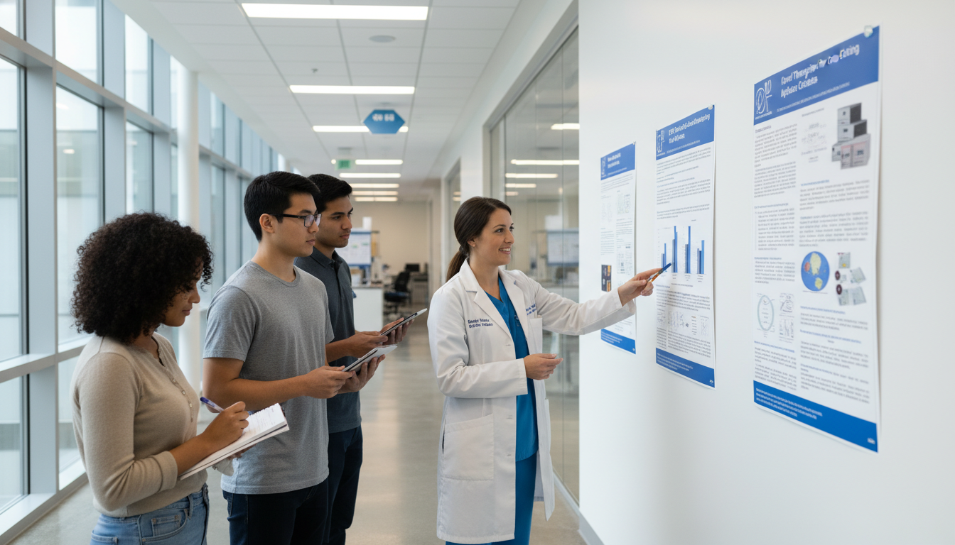 Premed student reviewing research posters in a medical school hallway -  for How Many Research Projects Should I Aim For Befo