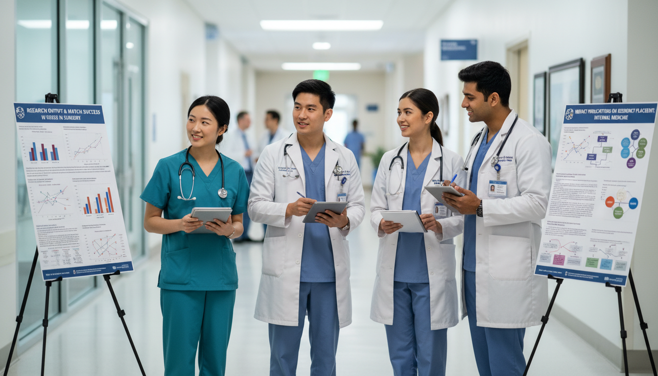 Medical students discussing research posters during academic conference -  for How Research Output Correlates With Match Rate