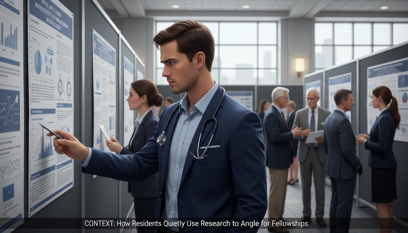 Medical student reviewing research posters at academic conference Medical student reviewing research posters at academic conference - for How Residents Quietly Use Research to Angle for Fell