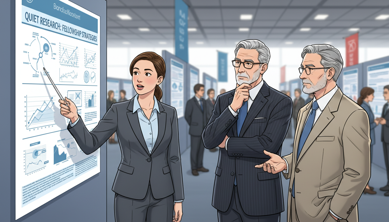 Resident presenting a research poster to senior physicians Resident presenting a research poster to senior physicians - for How Residents Quietly Use Research to Angle for Fellowships