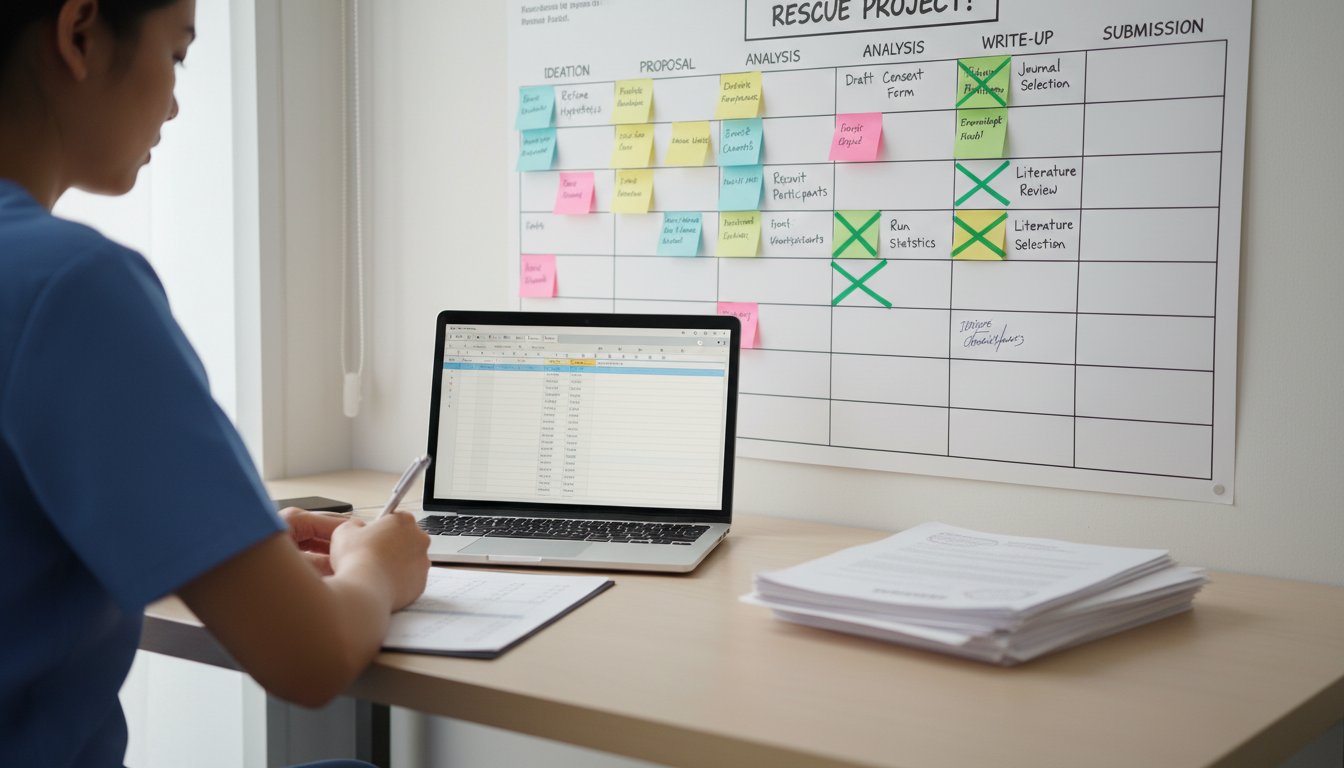 Medical student organizing research files and project timeline -  for How to Rescue a Stalled Research Project Before It Dies