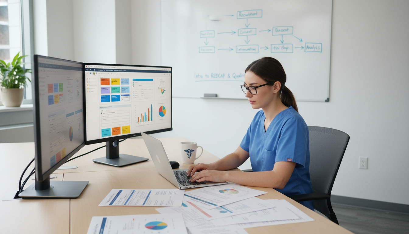 Medical student using REDCap and Qualtrics on laptop in research workspace -  for Intro to REDCap and Qualtrics: Data Tools M