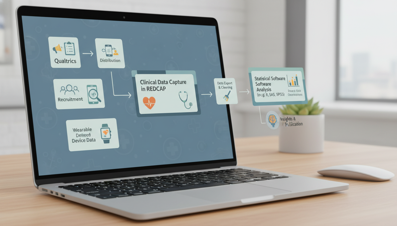 Flowchart of medical research data capture using REDCap and Qualtrics -  for Intro to REDCap and Qualtrics: Data Tools Med St