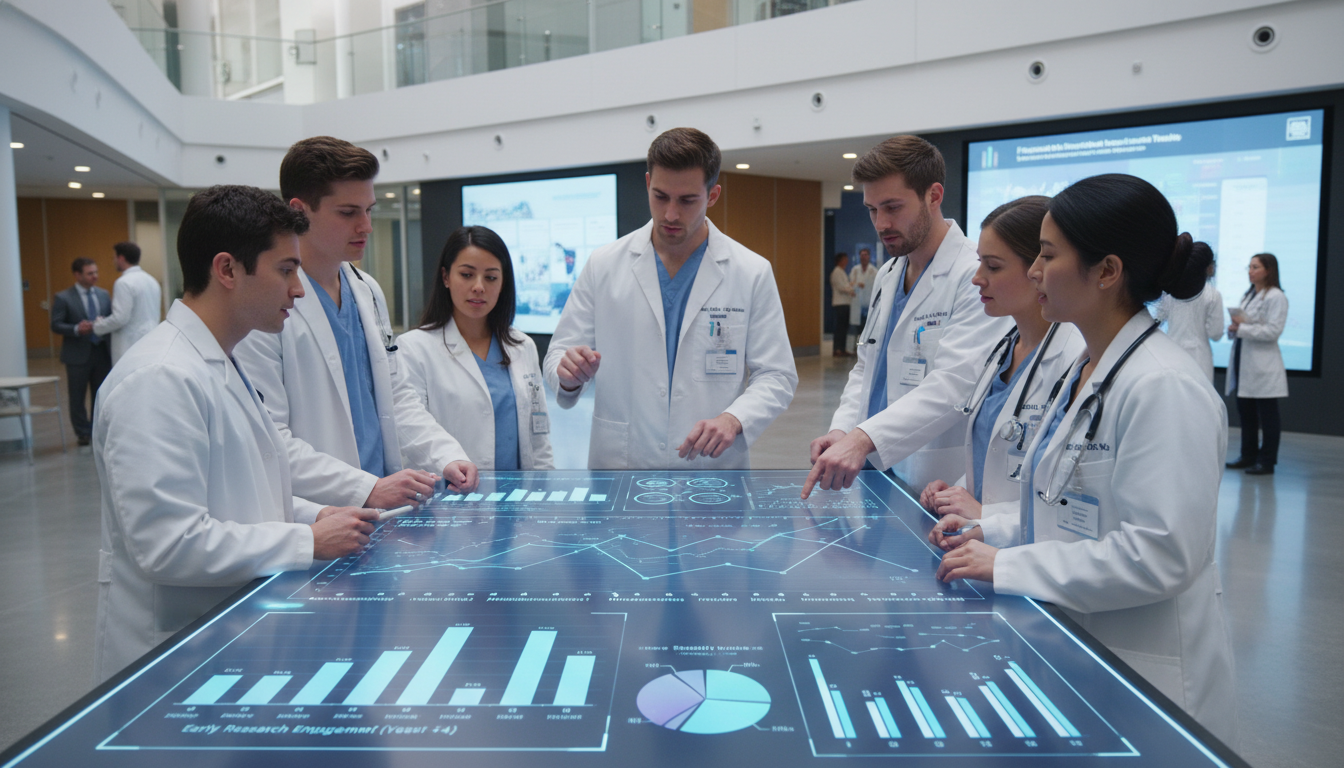 Medical students analyzing research data over time -  for Longitudinal Look: How Early Research Affects Fellowship Placement