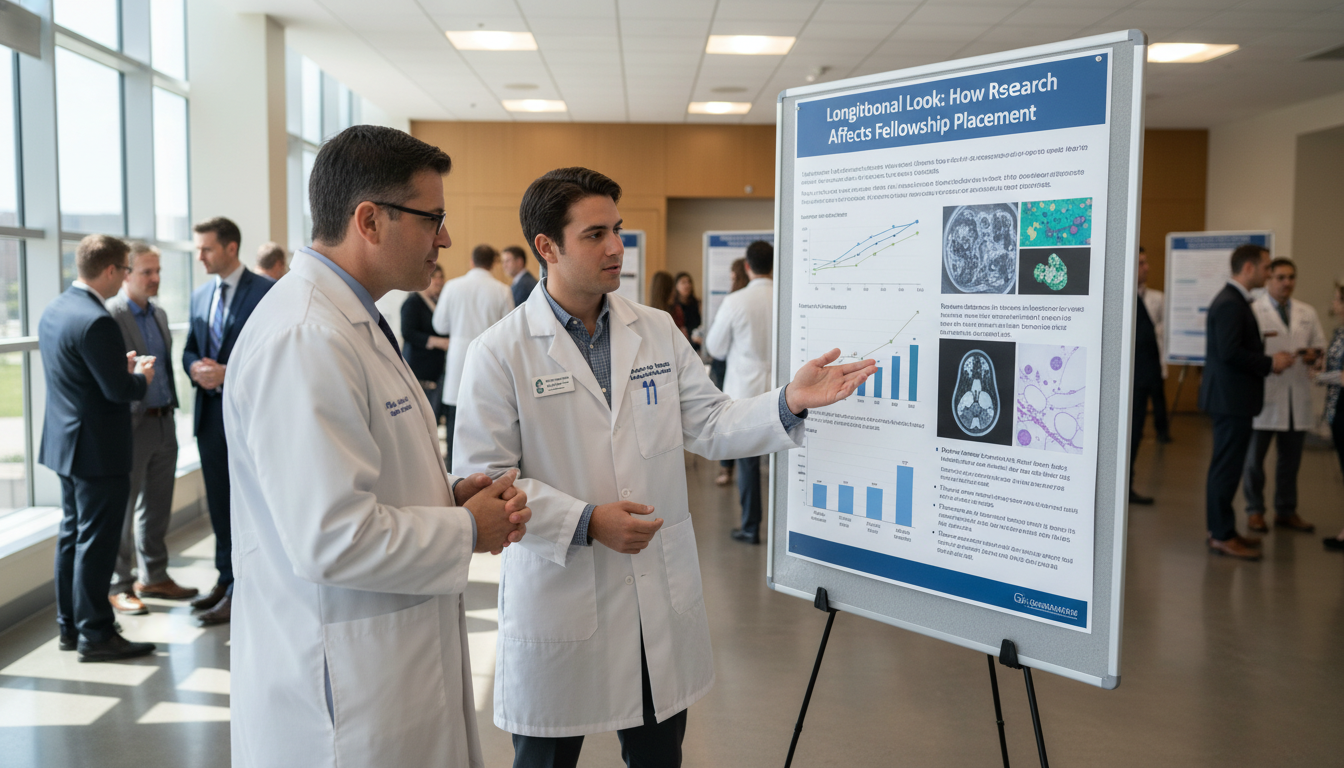 Medical student and mentor reviewing research posters -  for Longitudinal Look: How Early Research Affects Fellowship Placeme