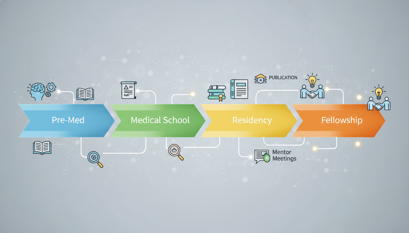 Timeline of research milestones to fellowship -  for Longitudinal Look: How Early Research Affects Fellowship Placement