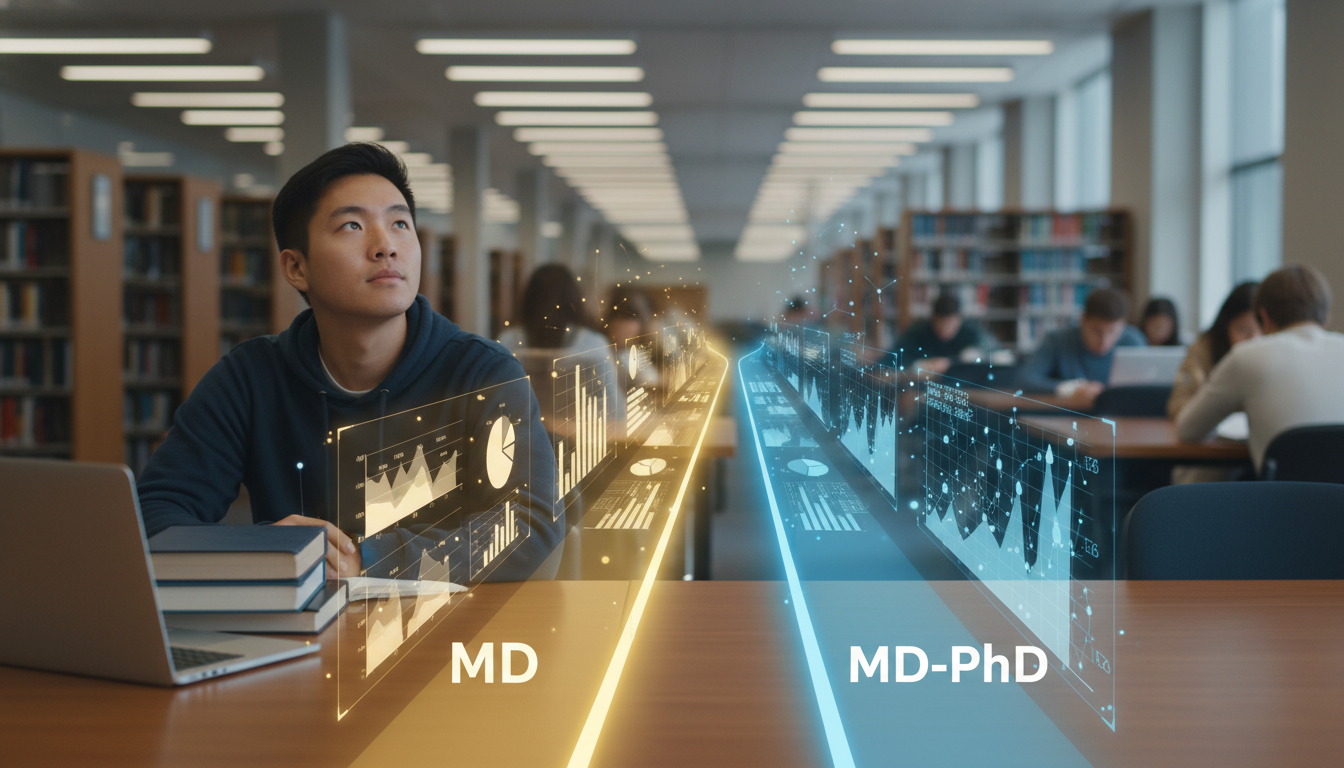 Medical student comparing MD and MD-PhD research paths -  for MD vs MD‑PhD Outcomes: Research Productivity and Career Paths
