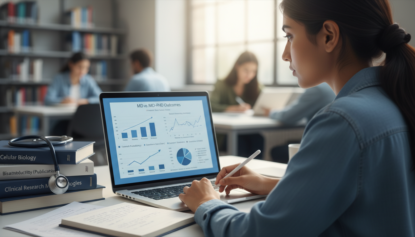 Premed student analyzing medical research data on a laptop -  for MD vs MD‑PhD Outcomes: Research Productivity and Career Pat