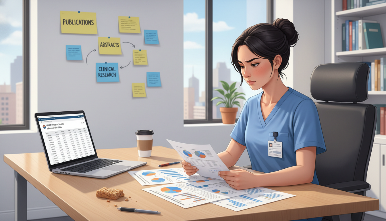 Resident reviewing match statistics and research productivity charts -  for Myth of the Basic Science Lab: Why Clinical Resea