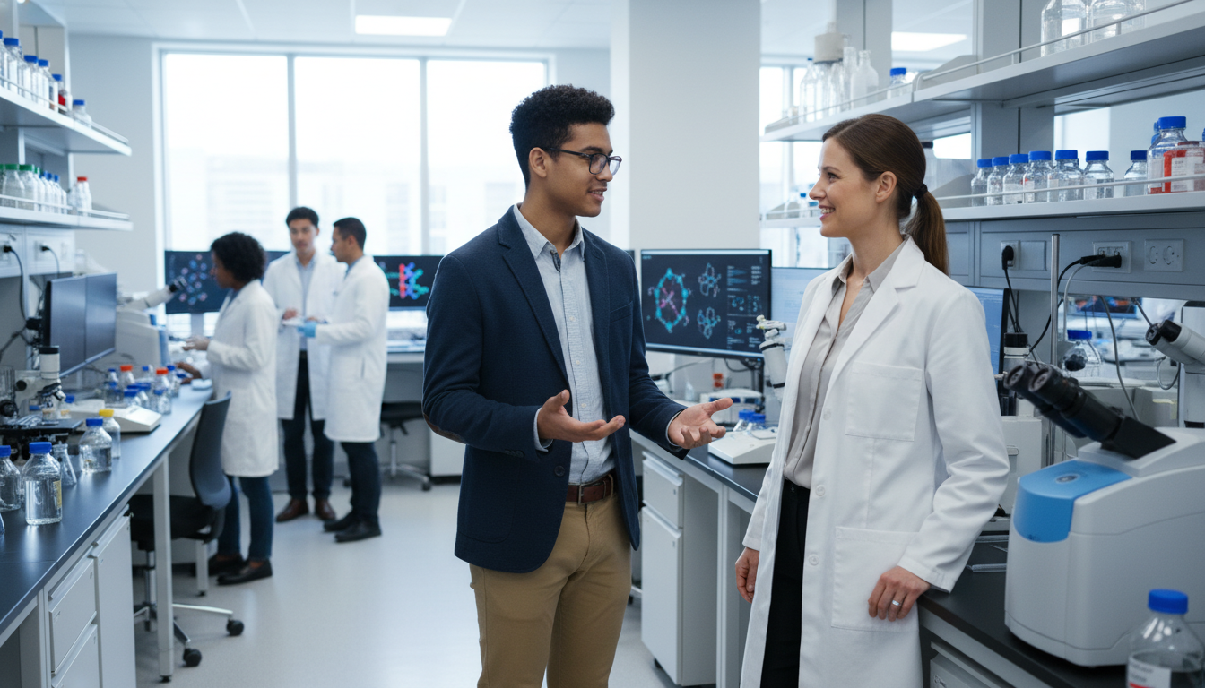 Premed student speaking with a principal investigator in a research lab Premed student speaking with a principal investigator in a research lab - for No Experience, No Connections: How to Land You