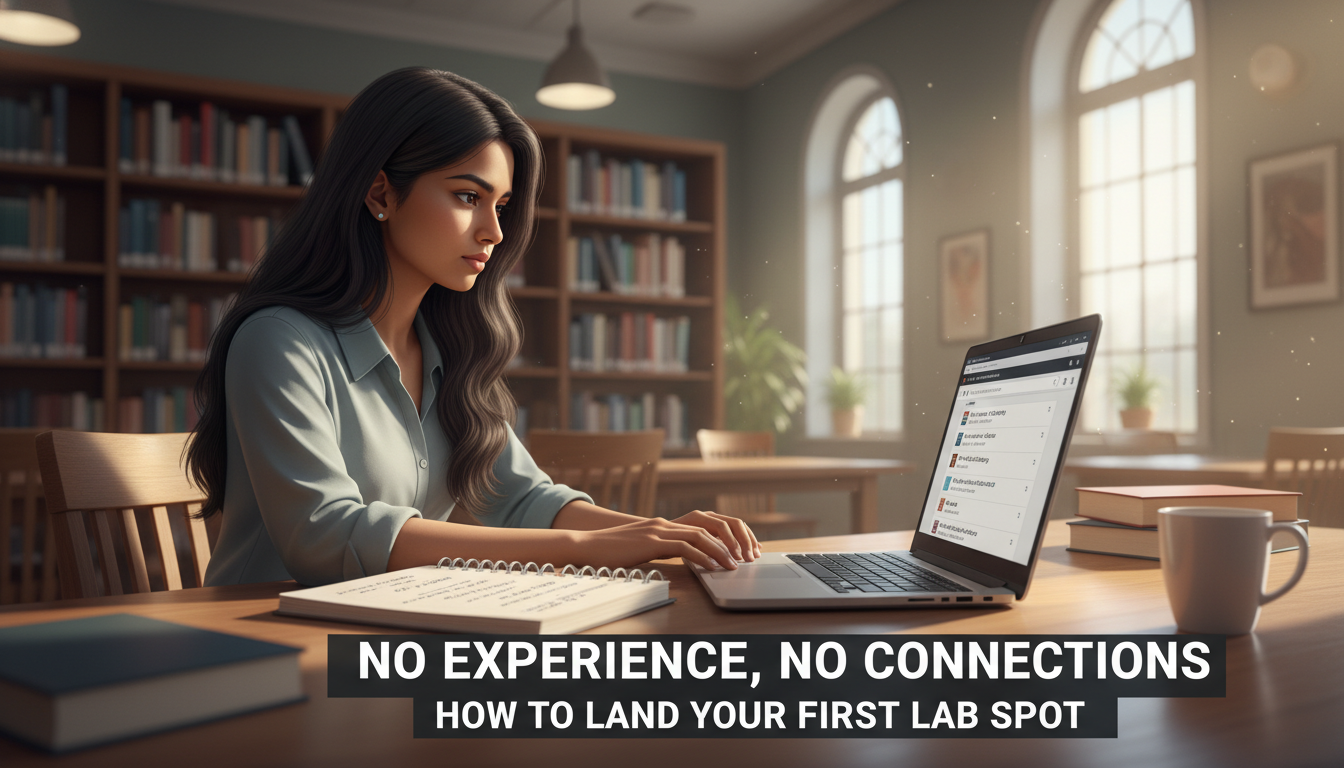 Premed student researching faculty labs in a university library Premed student researching faculty labs in a university library - for No Experience, No Connections: How to Land Your First
