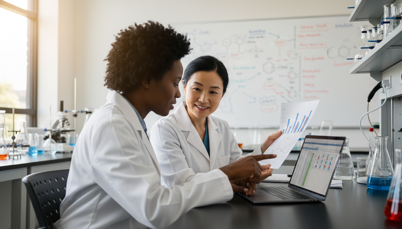 Non-traditional premed student discussing research with mentor in lab Non-traditional premed student discussing research with mentor in lab - for Non‑Traditional Career Changer: Using Research t