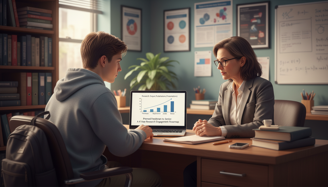 Premed freshman talking with research mentor Premed freshman talking with research mentor - for Premed Freshman to Senior: A 4‑Year Research Engagement Roadmap