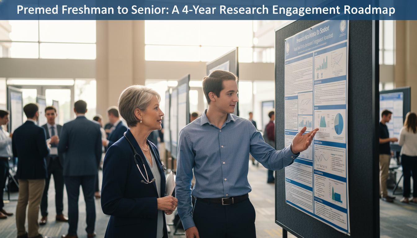 Premed junior presenting research poster Premed junior presenting research poster - for Premed Freshman to Senior: A 4‑Year Research Engagement Roadmap