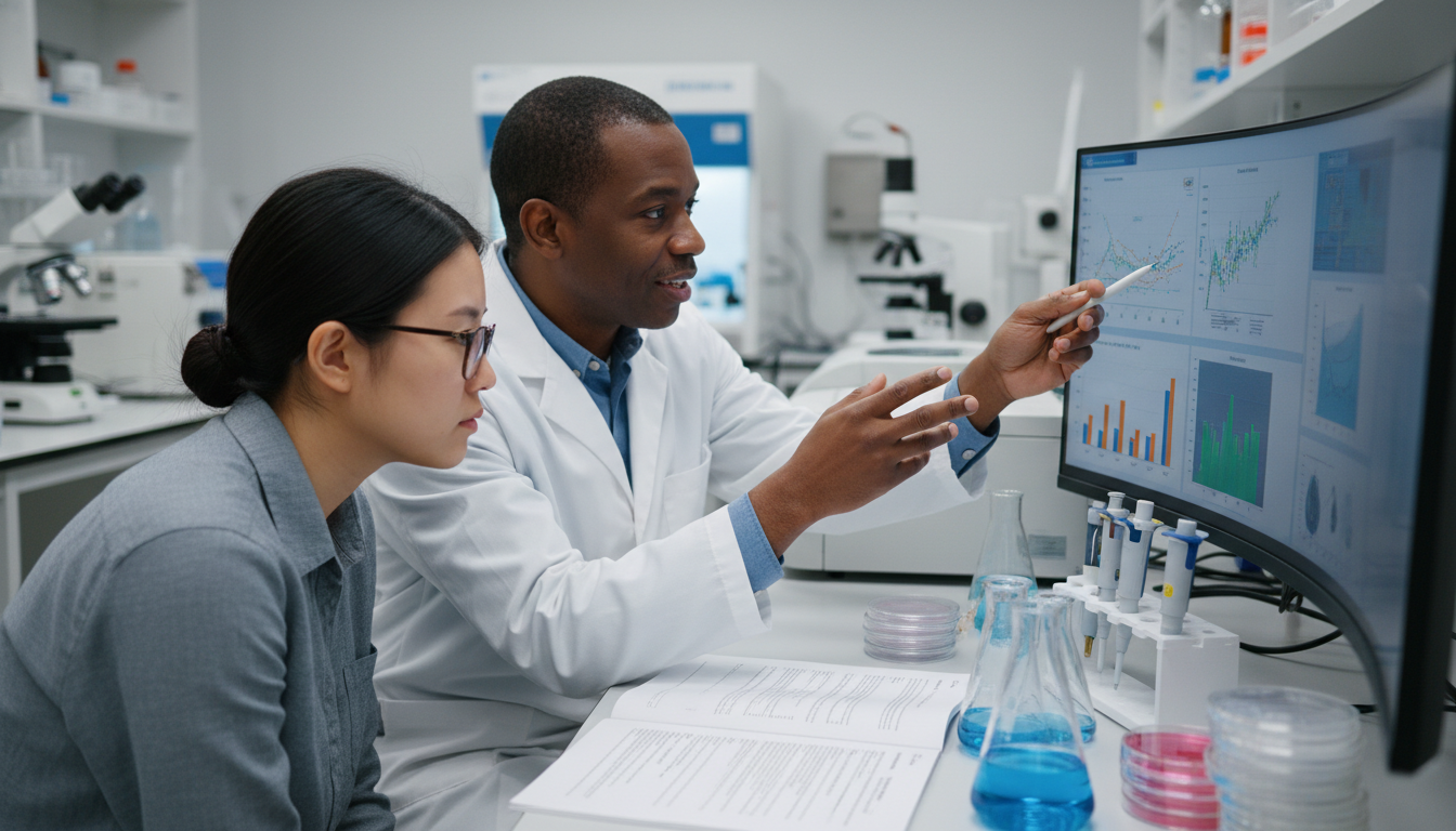 Premed student reviewing research data with mentor in lab -  for Premed Research Hype: What Actually Impresses Adcoms?