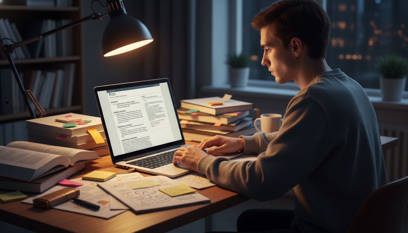 Student editing research CV on laptop with notes -  for Research CV Mistakes That Quietly Undermine Your Application