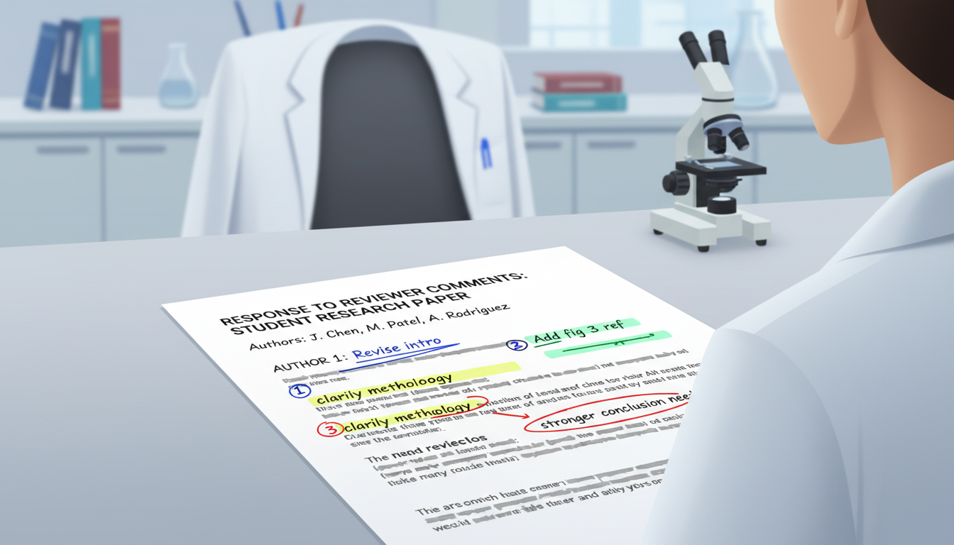Color-coded annotations on a reviewer comment document -  for Responding to Reviewer Comments: A Template for Student Authors