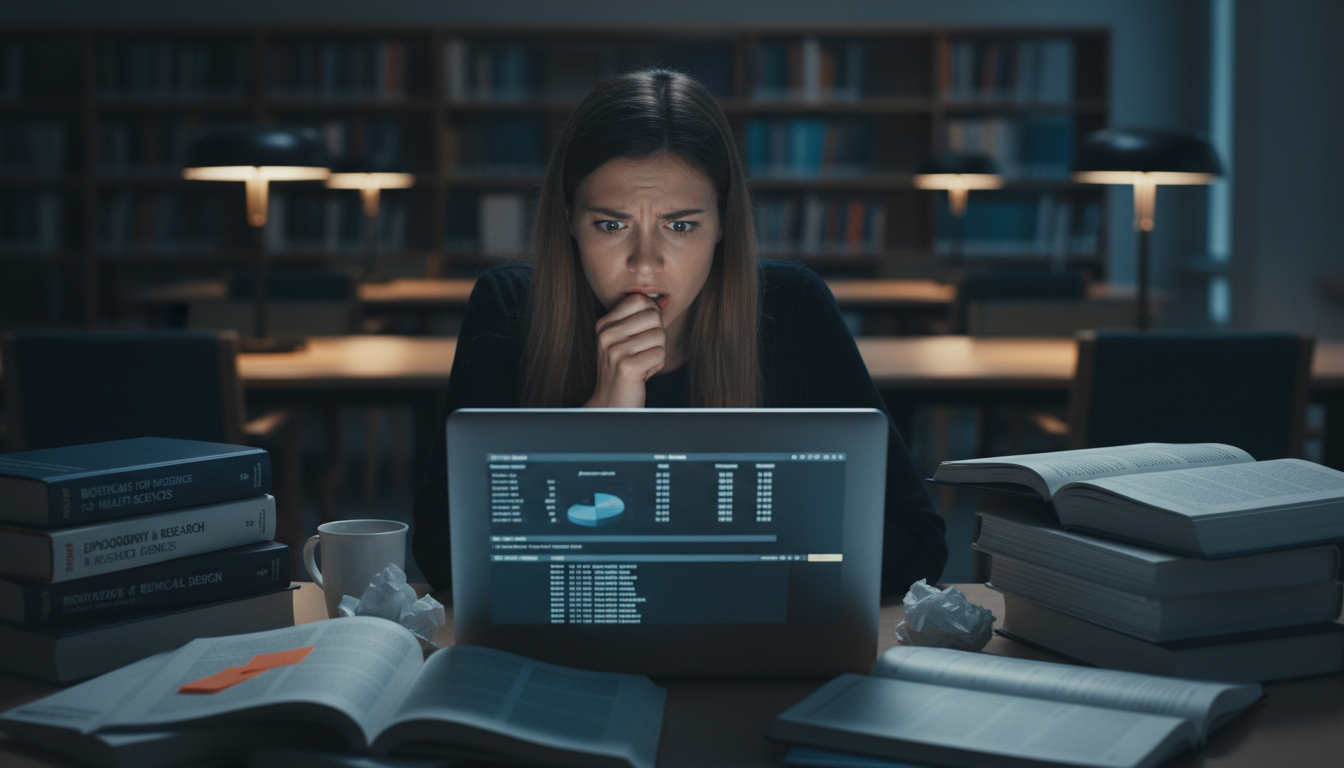 Anxious premed student staring at a laptop with statistics on screen -  for Scared of Statistics: Can I Still Do Meaningful R