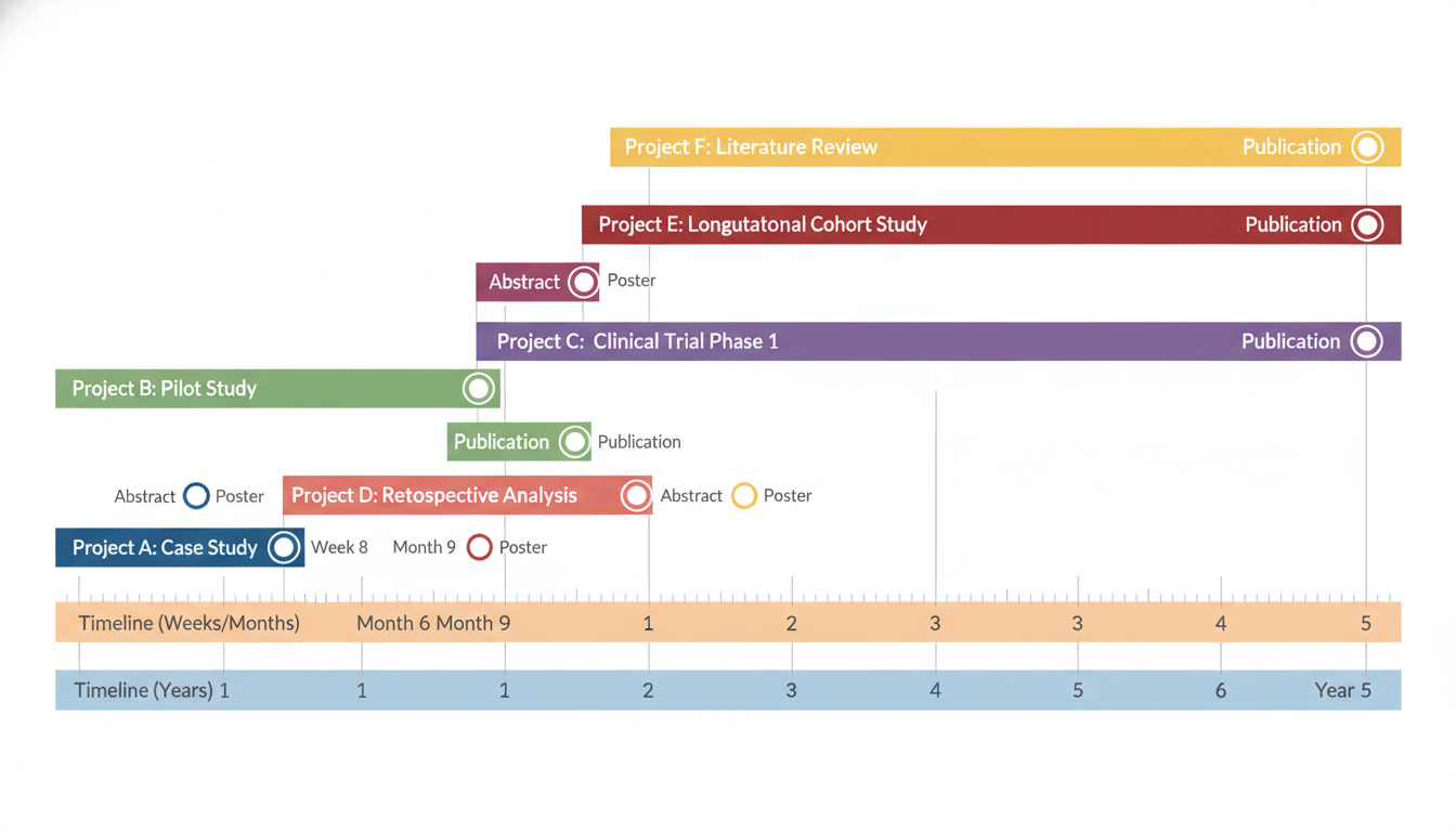 Layered timeline showing overlapping short-term and long-term medical research projects Layered timeline showing overlapping short-term and long-term medical research projects - for Short‑Term vs Long‑Term Projec