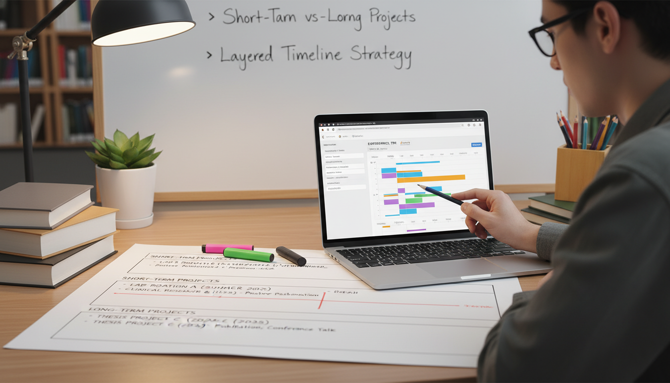 Premed student updating a detailed research experience timeline in preparation for medical school applications Premed student updating a detailed research experience timeline in preparation for medical school applications - for Short‑T