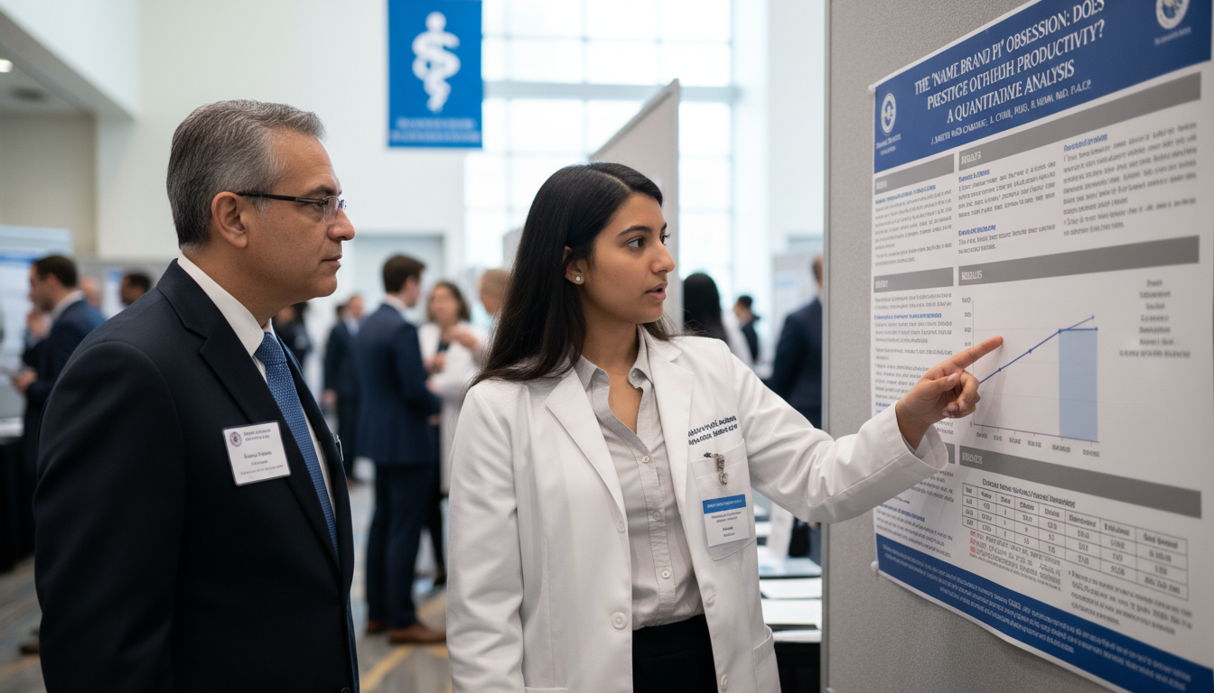 Medical student presenting a first-author research poster Medical student presenting a first-author research poster - for The ‘Name Brand PI’ Obsession: Does Prestige Outweigh Produc
