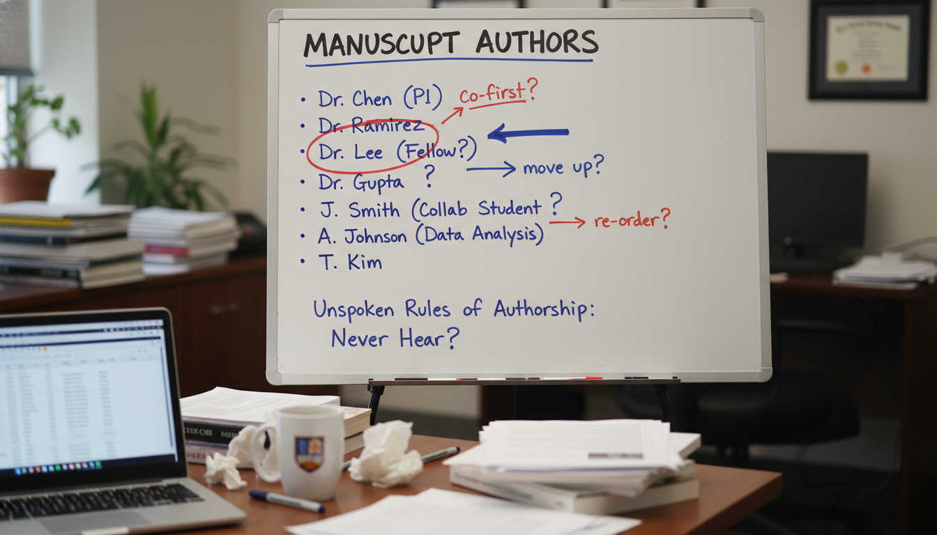 Whiteboard in research office showing manuscript author order being negotiated Whiteboard in research office showing manuscript author order being negotiated - for The Unspoken Rules of Authorship Medica