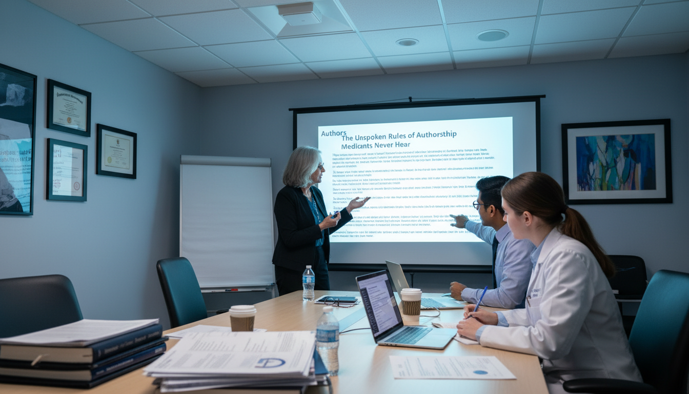Medical student taking notes during a research team meeting about manuscript planning Medical student taking notes during a research team meeting about manuscript planning - for The Unspoken Rules of Authorship