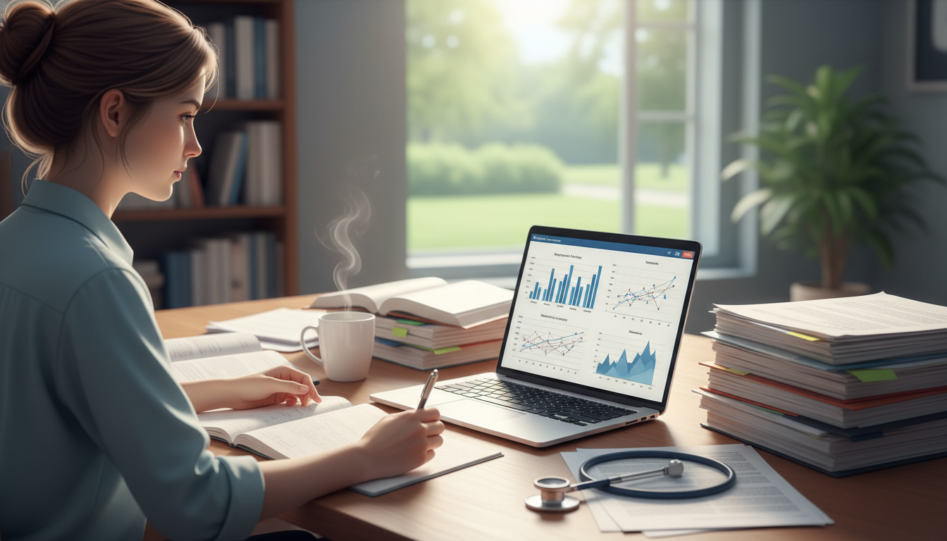 Medical student analyzing research productivity data on laptop -  for Time Investment vs Output: Quantifying Return on Resear
