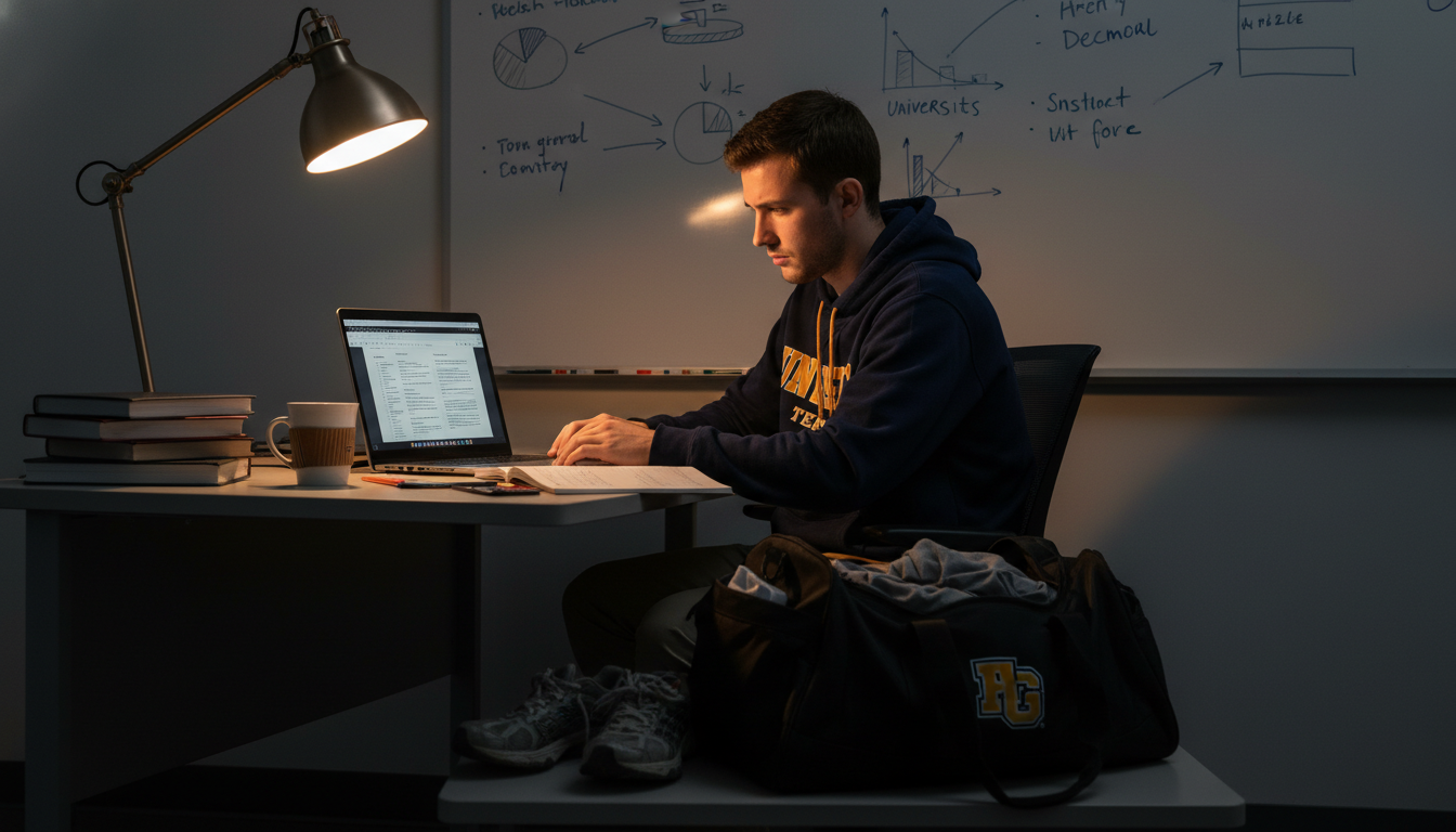 Premed varsity athlete working on medical research at night Premed varsity athlete working on medical research at night - for Varsity Athlete Schedule: Fitting Research Into an Overpac
