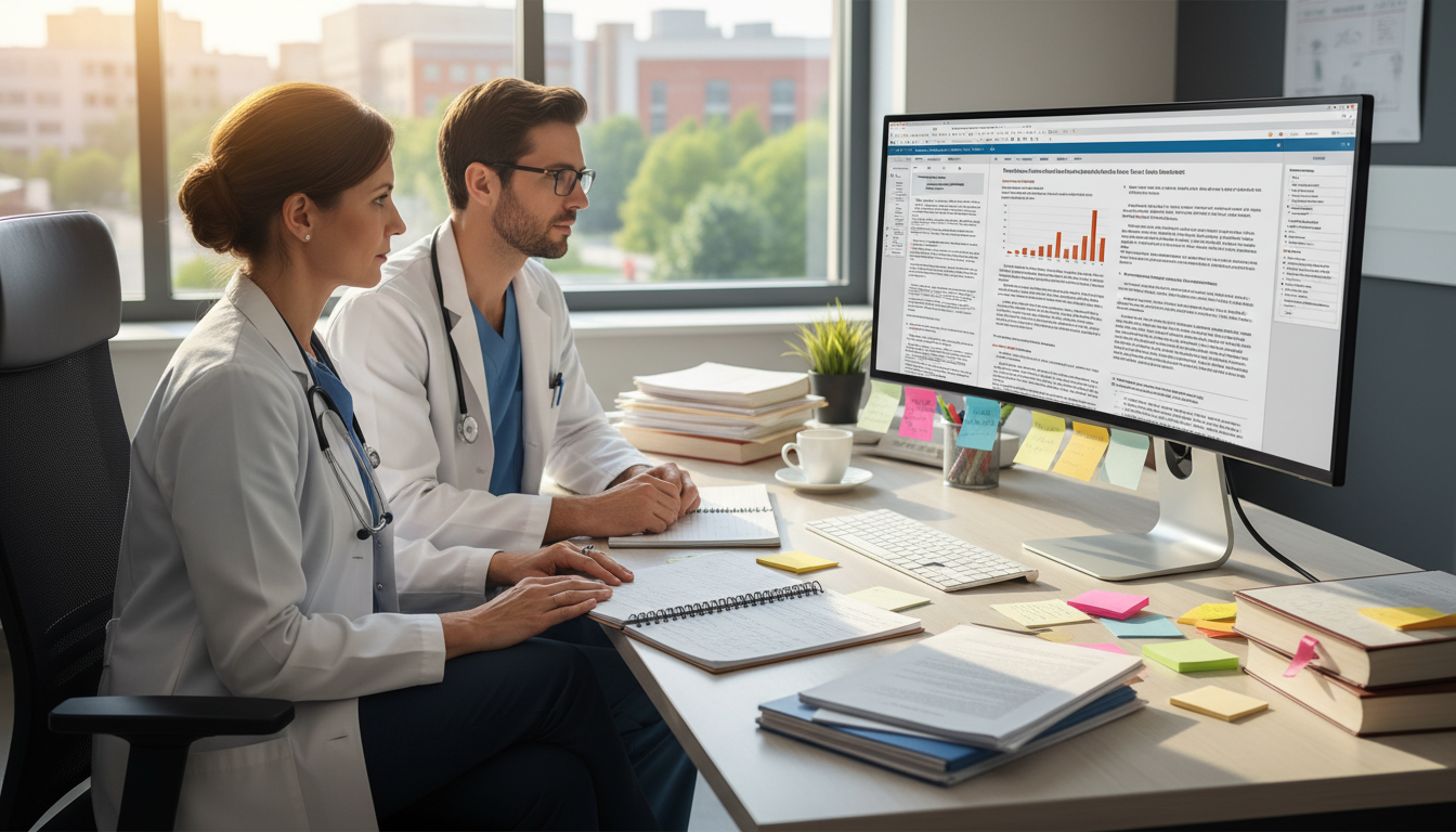 Faculty mentor and resident reviewing a medical research manuscript on a computer -  for What Happens to Your Research After