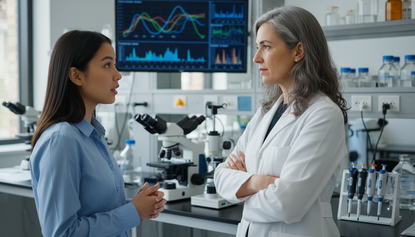 Principal investigator talking with pre-med student in research lab -  for What PIs Really Look For When Choosing Pre‑Med Res