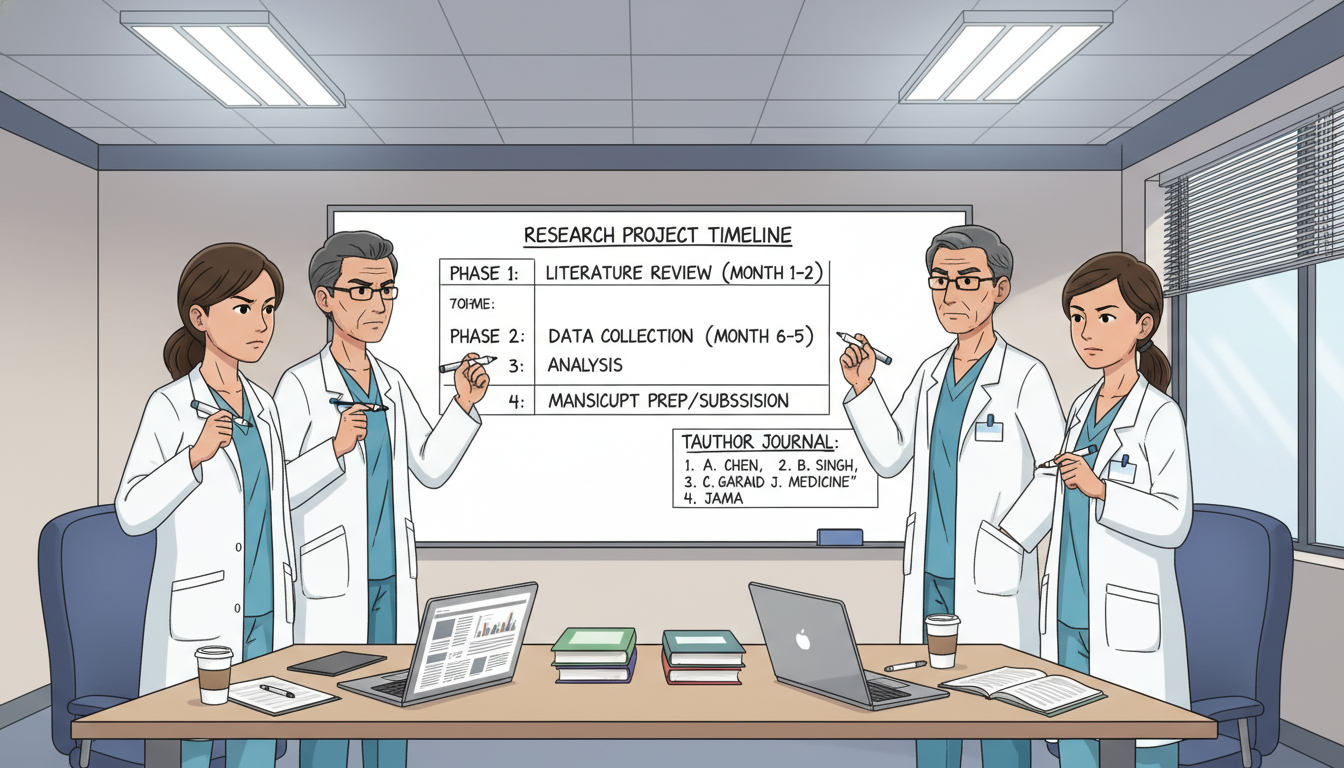 Medical students gathered around a whiteboard planning research authorship and timelines -  for Why Some Students Get First‑A