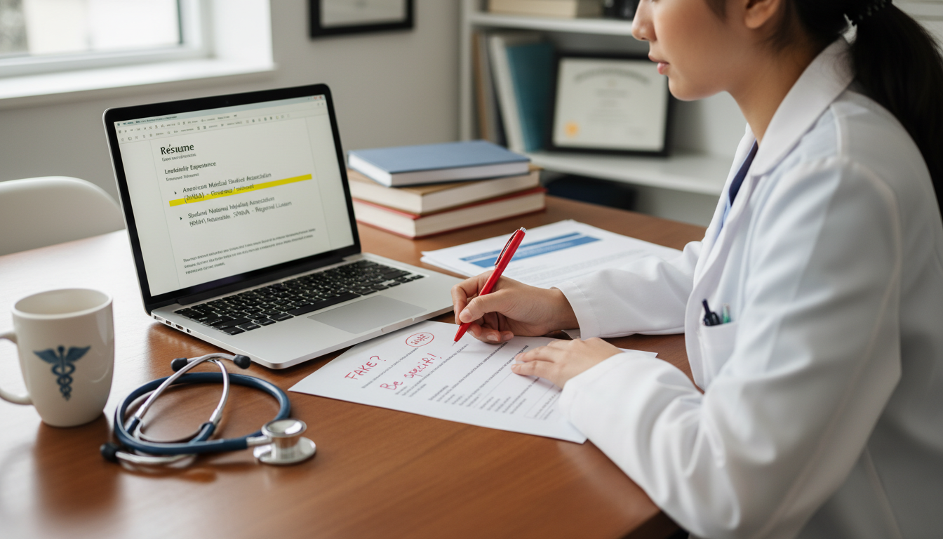 Student revising AMSA and SNMA leadership bullets on a laptop -  for 7 AMSA and SNMA Résumé Mistakes That Make Your Leadershi