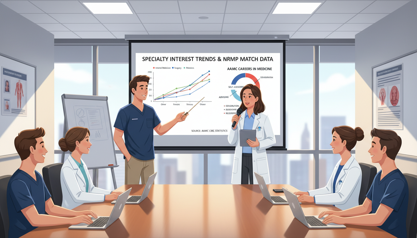Medical students presenting specialty interest data trends at a student organization meeting -  for AAMC Careers in Medicine:
