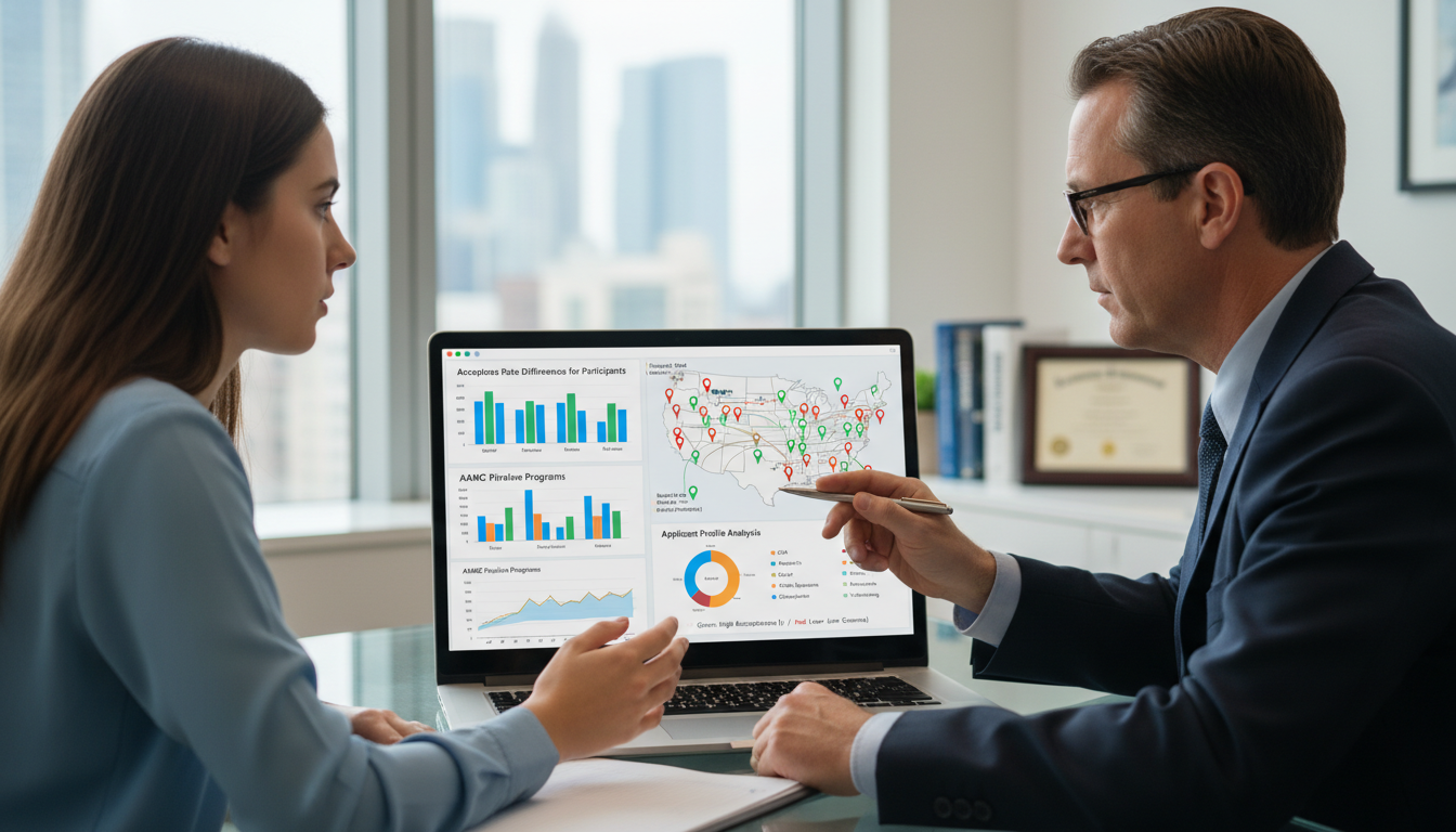 Advisor and premed student reviewing medical school application strategy -  for AAMC Pipeline Programs: Acceptance Rate Diffe