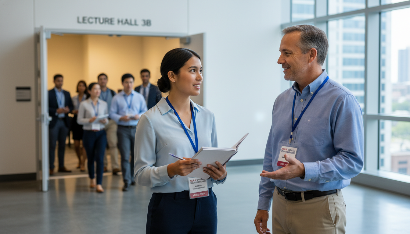 Medical student networking with conference speaker after session -  for AMSA Conferences: What Happens in Invite‑Only Rooms Y