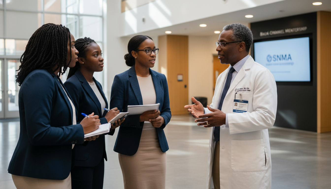 Black medical students networking with faculty mentor at SNMA event Black medical students networking with faculty mentor at SNMA event - for Back‑Channel Mentorship: Tapping Hidden Faculty Ne